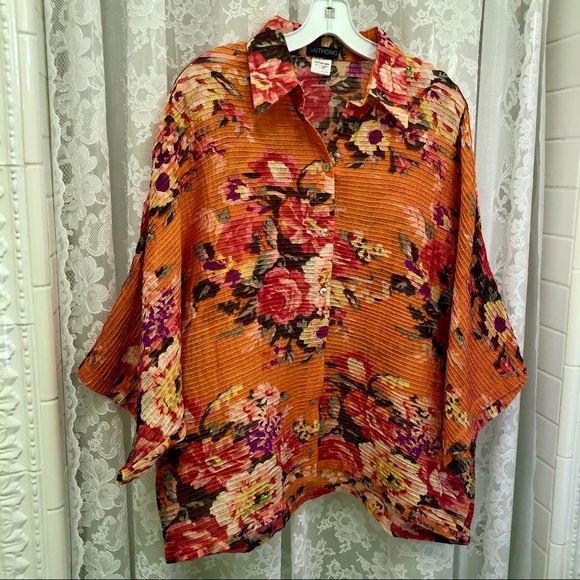 SAITHONG * NWOT Designer Vibrant Orange Floral Kimono-Style Blouse - Picture 6 of 6